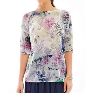 J.Jill Women Floral Crochet Mesh White Shirt Sz Small Summer Beach Vacation